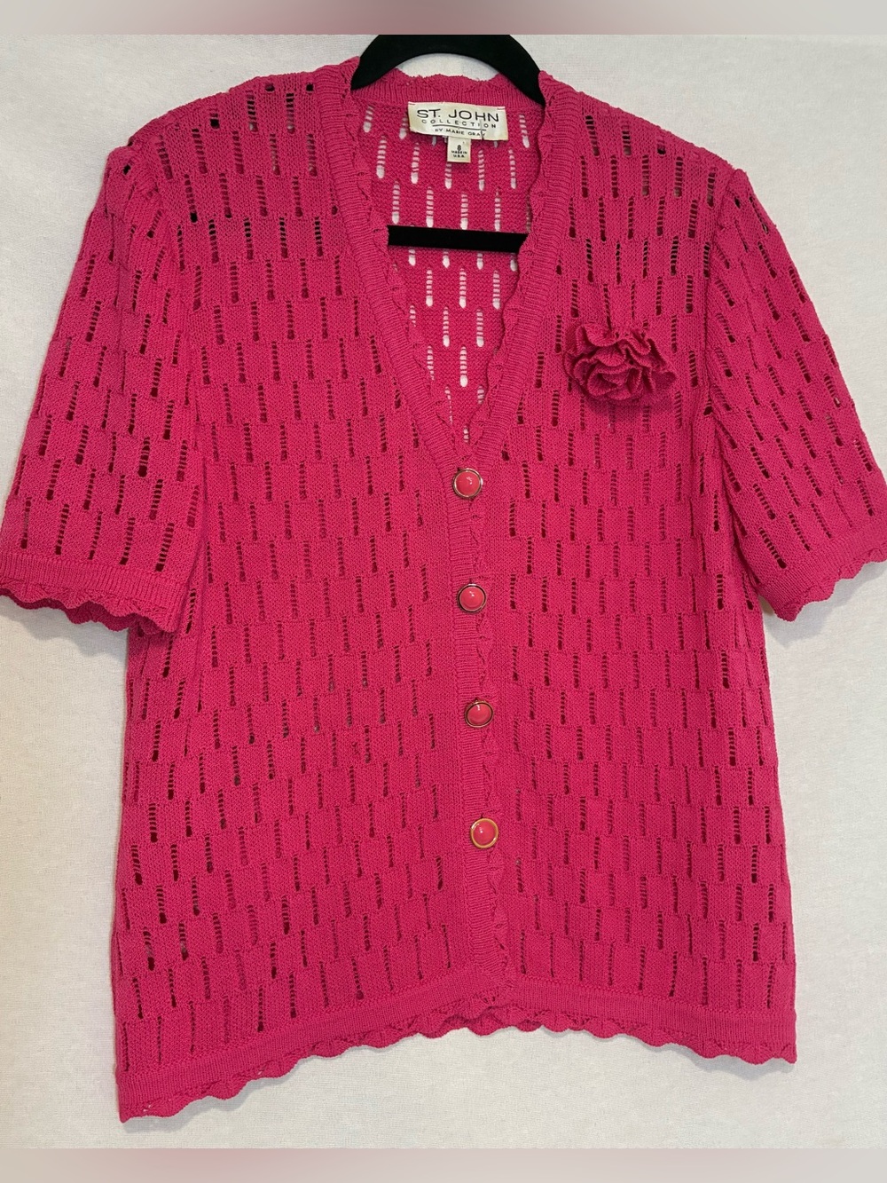 St. John Collection by Marie Gray Open-Knit Cardigan Sweater Flower Pin Size 8